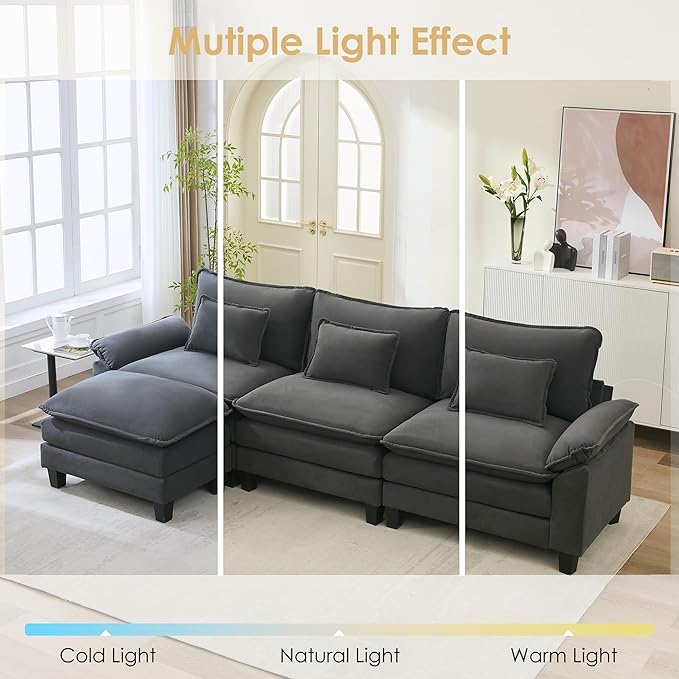 URRED Cloud Couch Modular Sectional Sofa 122'' Modern L Shaped Deep Seat Sofa with Ottoman &amp Pillows Ultra Comfy Velvet Couches for Living Room Bedroom or Apartment Dark Gray
