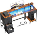 55 Inch Computer Gaming Desk with Power Outlets LED Lights Reversible Home Office with Adjustable Fabric Storage Drawers for Working Writing Study Rustic Brown