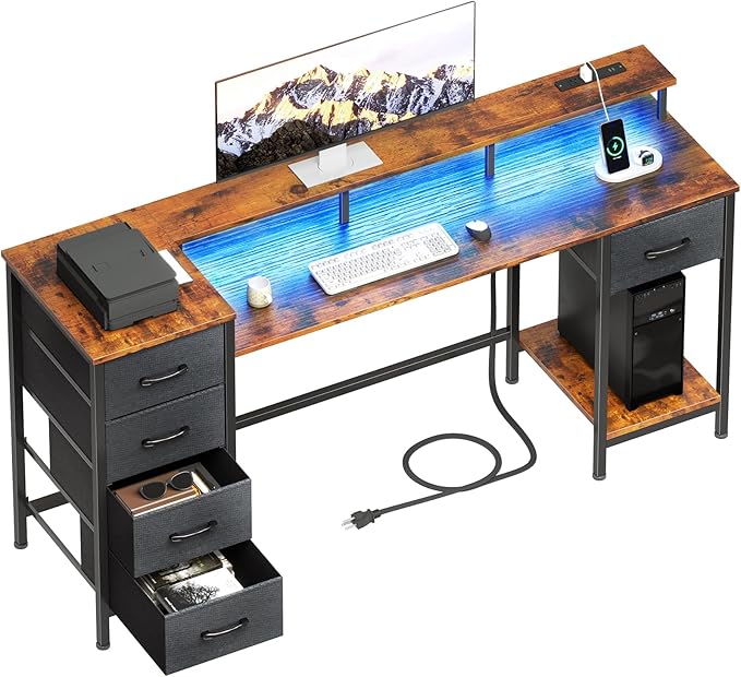 55 Inch Computer Gaming Desk with Power Outlets LED Lights Reversible Home Office with Adjustable Fabric Storage Drawers for Working Writing Study Rustic Brown
