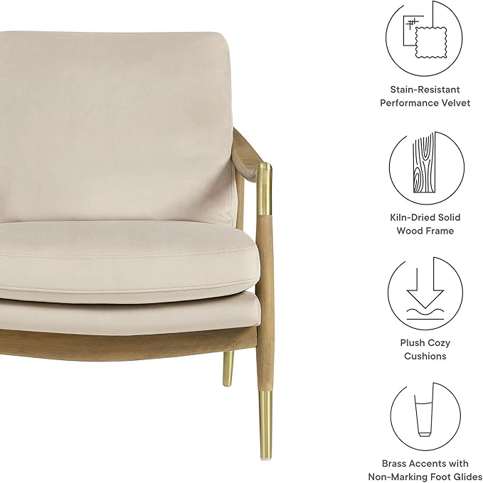 Modway Langford Stain-Resistant Performance Velvet Armchair – Mid Century Modern Velvet Chair with Wood Frame – Upholstered Accent Chair for Living Room or Bedroom