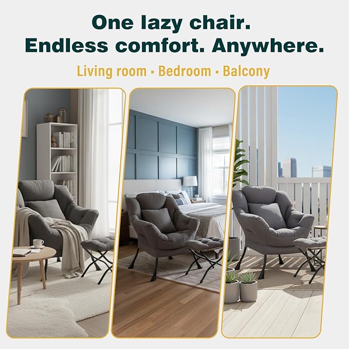 Lazy Chair with Ottoman Large Accent Chair with Ottoman and a Throw Pillow Dark Grey Reading Chair for Living Room Bedroom Dorm Room Office Apartment Relaxing Use