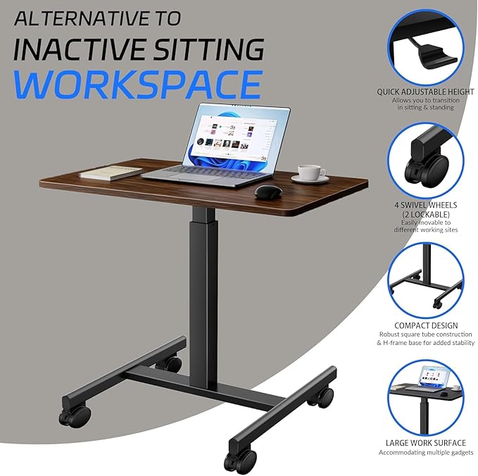 Mobile Laptop Standing Desk Adjustable HeightSmall Mobile Desk Workstation with WheelsPortable Rolling Computer Desk Cart for Home Office Classroom (Rustic Brown)