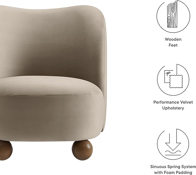Modway Monroe Performance Velvet Accent Chair in Taupe Walnut - Upholstered Stain-Resistant Velvet Barrel Chair - Comfy Lounge Chair - Oversized Round Armless Reading Chair for Living Room Bedroom