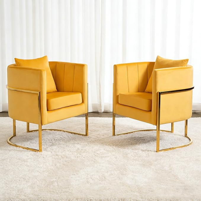 X-VOLSPORT Velvet Accent Chairs Set of 2 Contemporary Barrel Armchairs Living Room Bedroom Club Chair Set with Pillow Channel Tufted Gold Finish Base Yellow