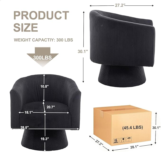Swivel Accent Chair Modern 360° Barrel Chair Corduroy Upholstered Single Sofa for Living Room Bedroom(Black)