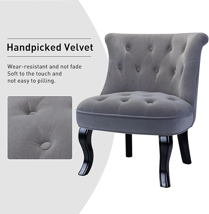 HULALA Home Velvet Accent Chair Set of 2 Modern Upholstered Fabric Armless Wingback Chair with Solid Wood Legs Comfy Tufted Vanity Club Chair for Reading Living Room Bedroom Guest Room Grey