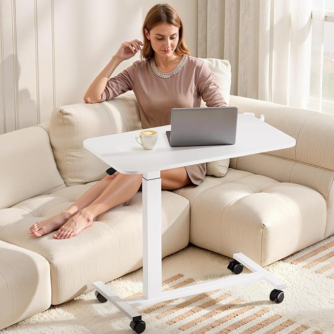 GTPLAYER Small Standing Desk with Lockable Wheels Pneumatic Mobile Rolling Laptop DeskAdjustable Height Overbed Bedside Table Computer Workstation for Home Office (28 W x 16 D White)
