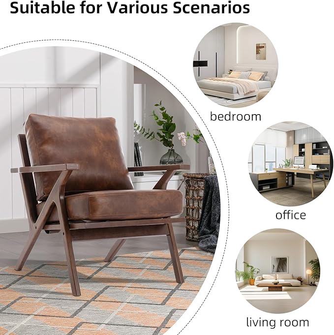 INZOY Mid-Century Modern Accent Chair with Wood Frame PU Leather Living Room Chair and Soft Thick Padded Armchair for Living Room Bedroom Reception with Removable Upholstered Cushions Reddish Brown