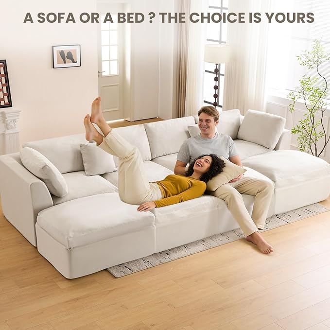 U Shape Modular Sectional Sofa 4 Seater Modular Couch with Ottomans Fully Compressed Boneless Modular Sofa for Living Room (Warm White)