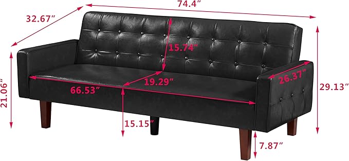 74.4 Faux Leather Couch Bed Sofa Bed Small Space Sleeper Couch with Adjustable Backrest Mid Century Modern Couches for Small Living Room Office Bedroom Apartment (Black)