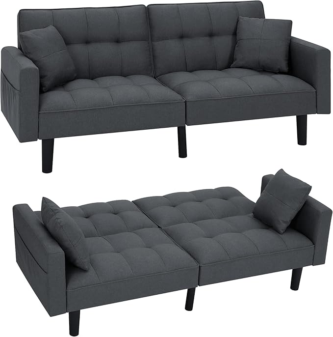 AVAWING Futon Sofa Bed Modern Linen Fabric Convertible Upholstered Couch with Adjustable Back Arms and High Strength Nylon Legs for Living Room Apartment Office (Grey)