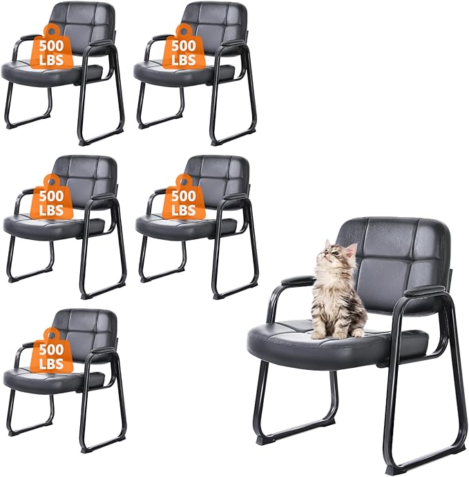 CLATINA Big &amp Tall Waiting Room Guest Chair with Bonded Leather Padded Arm Rest and Sled Base for Office Reception Lobby and Conference Desk Black(6 Pack)