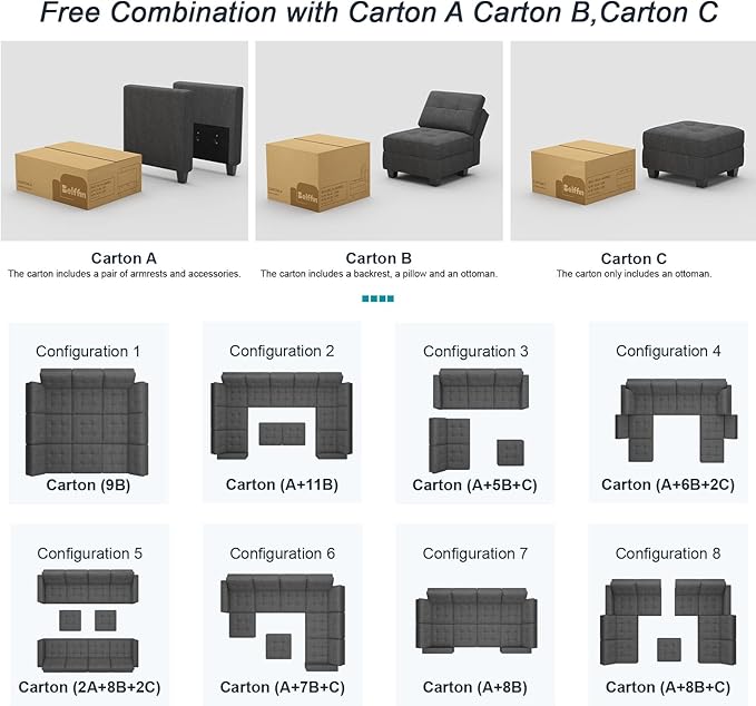 Belffin Modular Sectional Sofa with Storage Sectional Sleeper Couch Modular Sofa Bed for Living Room Dark Grey
