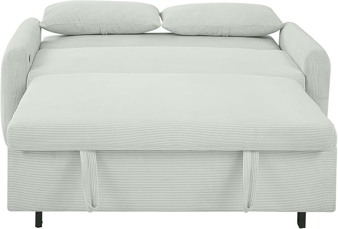 Pull-Out Sofa Bed Convertible Couch 2 Seat Loveseat Sofa Corduroy Fabric Upholstered Sleeper Sofa with 2 Throw Pillows and USB Ports for Living Room Office Apartment (Pale Green)