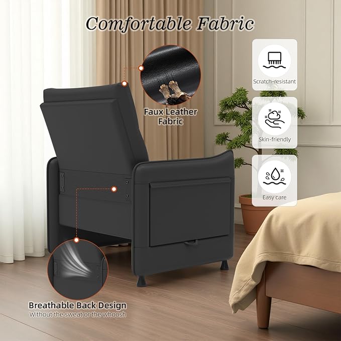 Faux Leather Accent Soft Chairs Set of 2 with Flip-Up Tray Table Side Pocket Ergonomic Soft Backrest &amp Elastic Cushion Modern Accent Chairs for Living Room Bedroom Black