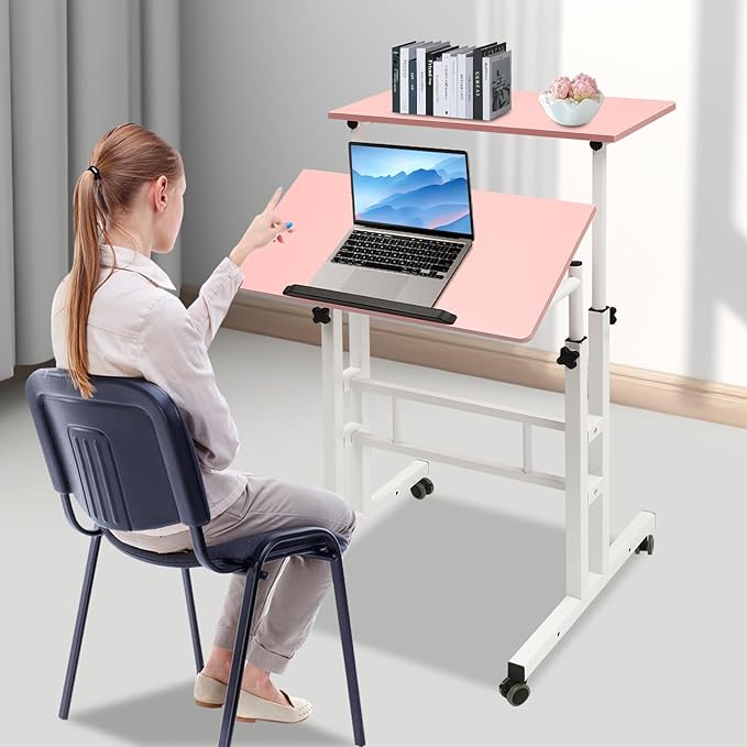 Height Adjustable Table Small Adjustable Standing Desk with Wheels Home Office Workstation Portable Rolling Desk Laptop Cart for Standing or Sitting (Pink)