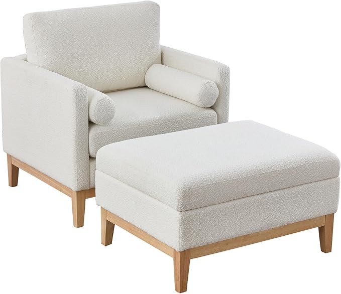 Wood Base Accent Arm Chair with Ottoman and Bolster PillowsStorage Footstool with Reversible Lid Coffee Table for Living Room Office (35.4 W Ivory Boucle Chair Set +Natural Base)