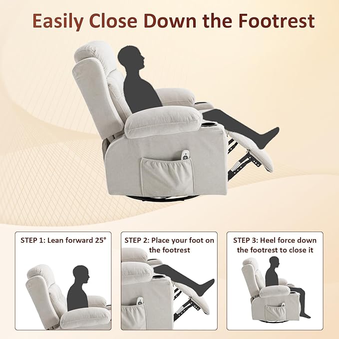 Rocker Swivel Recliner Chair with Massage and Heat Rocking Nursery Recliners Overstuffed Lounge Chair for Living Room Manual Recliner Mid Century Sofa Chairs with Cup Holders White