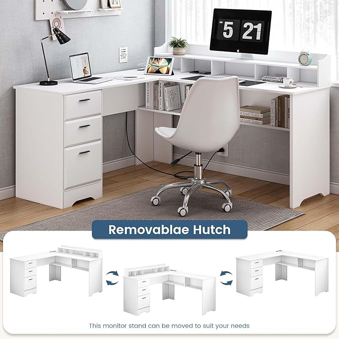 White L Shaped Desk with 3 Drawers 60 inch L Desk with Moveable Hutch and Power Outlet Large Home Office Corner Computer Desk with Storage File Cabinet
