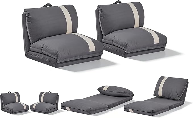 Folding Sofa Bed Set of 2 Convertible Floor Sofa with 6-Position Adjustable Backrest Metal Frame and Handle Futon Floor Couch for Dorm Bedroom Apartment Dark Gray