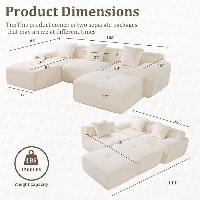 108 Cloud Sectional Couch Comfort U Shaped Boneless Couch for Living Room Extra Deep Seats No Assembly Minimalist Modular Sofa Corduroy (Off-White U-Shaped:3+2)