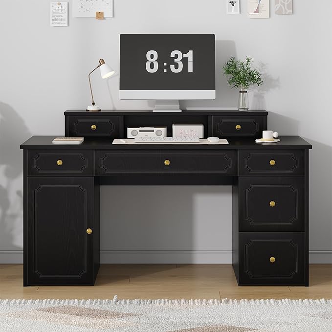 Catrimown Black Desk with 7 Drawers 54 Inch Computer Desk with Cabinet for Work Writing Study Vanity Desk with Golden Handle for Girls Bedroom