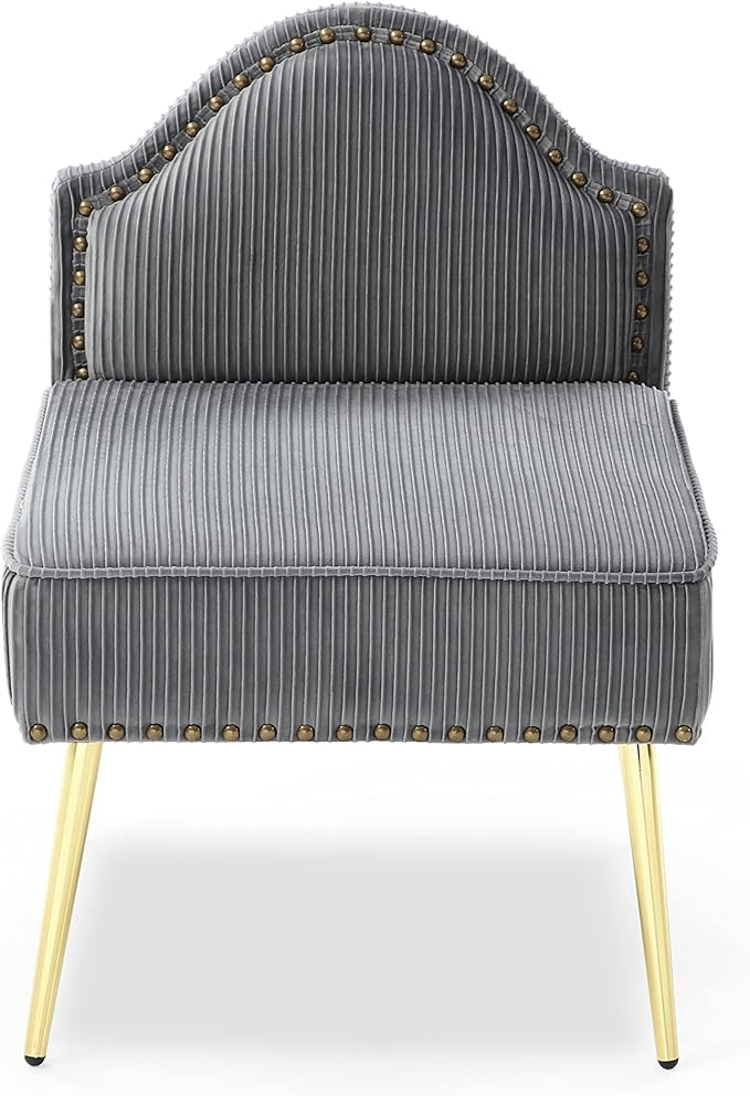 Modern Upholstered Pleated Velvet Accent Chair Tufted Dining Office Chairs Armless Slipper Chair Mid Century Side Chair Single Luxury Sofa Chair with Golden Legs for Living Room Small SpaceGrey