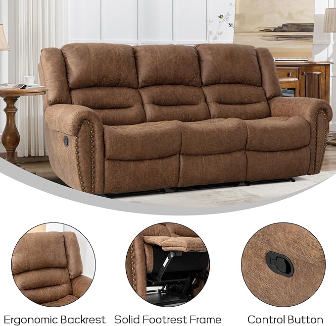 EBELLO Faux Leather Manual Reclining Sofa Recliner 3 Seat Loveseat Sofa Chair Couch for Living Room Bedroom Furniture Meeting Room Brown (3 Seat Sofa)