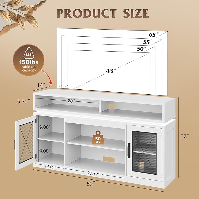 WLIVE Farmhouse TV Stand for TVs Up to 65 Inches Tall Entertainment Center with Storage Cabinets &amp LED Lights Media Console for Living Room Bedroom Home Theater White