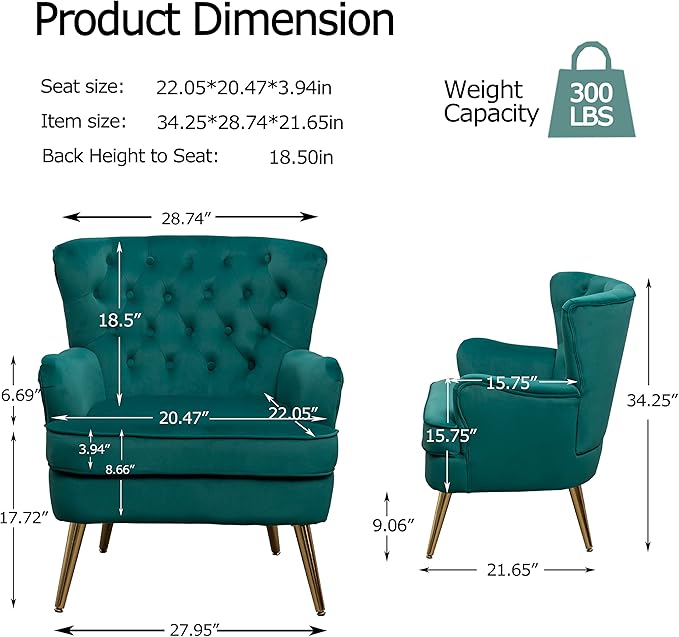 Living Room Chairs Button Tufted Accent Chairs Comfy Bedroom Chair Velvet Side Sitting Chairs Modern Fabric Sofa Slipper Chair for Reading Dark Green