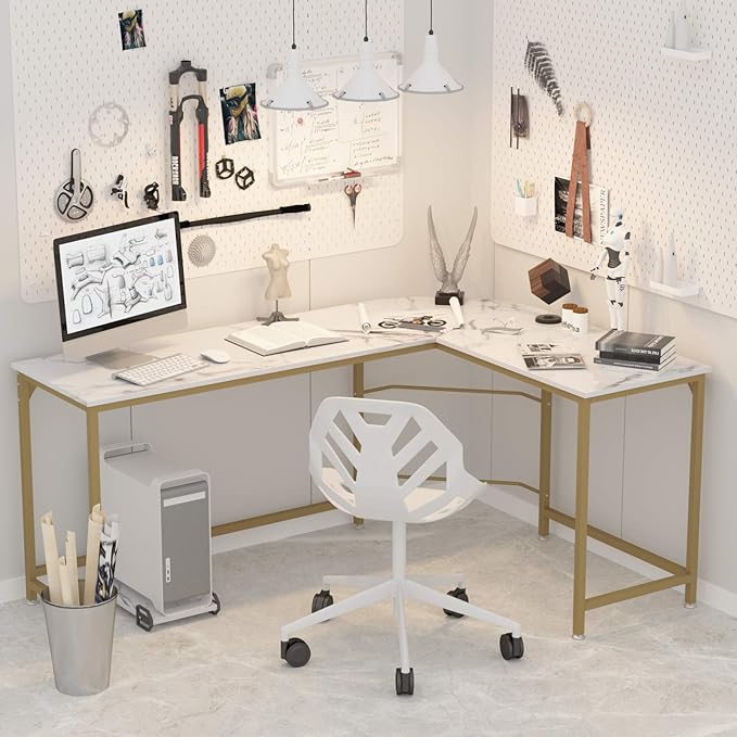 Teraves Reversible L Shaped Desk White - 66.1 Corner Gaming Computer Desk Office Workstation Modern Home Study Writing Table Marble Gold