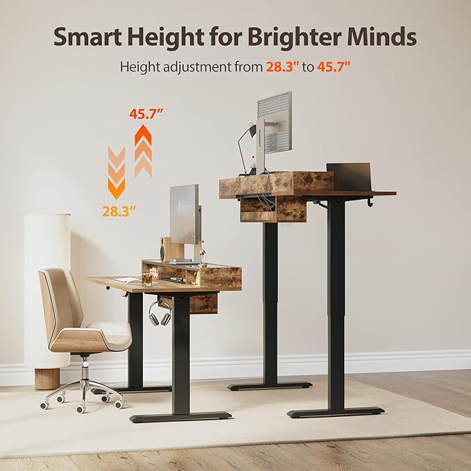 Agilestic Glass Standing Desk with Storage 48 Inch Electric Adjustable Desk with Glass Shelf and Cable Management Sit Stand Up Home Office Computer Table Splice Board Rustic Brown