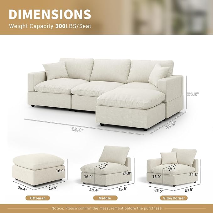 Modular Cloud Sectional Couches for Living RoomL Shaped Filled-Down Sofas95.4 Detachable Couch Cushion CoversCozy Sofa for Apartment Beige
