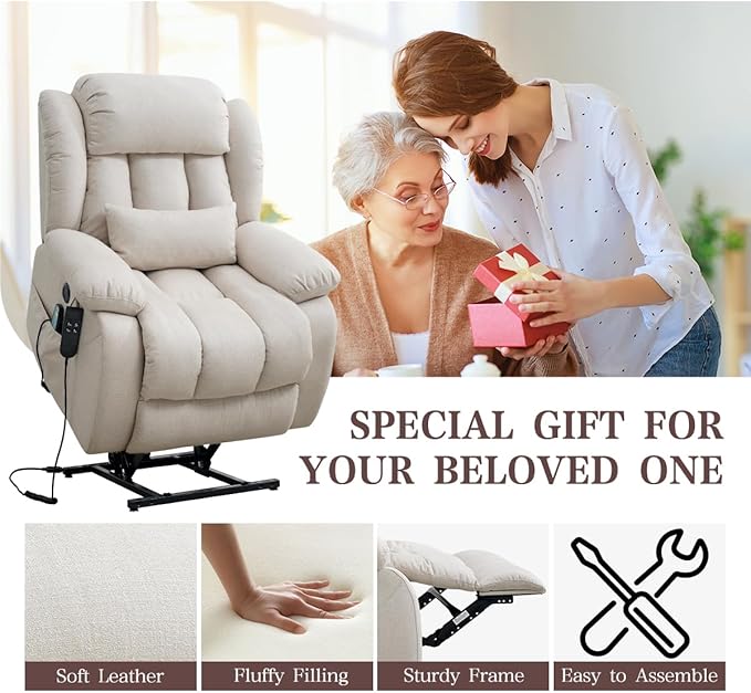 Infinite Position Lay Flat Lift Recliner Chair for Adults Dual Motor Power Lift Chair for Elderly with Massage &amp Heating USB Ports Remote Control &amp Lumbar Pillow Linen Fabric (Ivory)