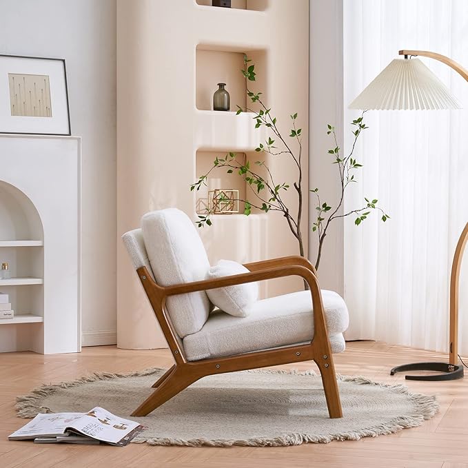 Accent Chair Upholstered Mid-Century Modern Chair with Lumbar Pillow&ampSoft CushionLounge Reading Armchair with Solid Wood Framefor Living Room Bedroom Balcony White
