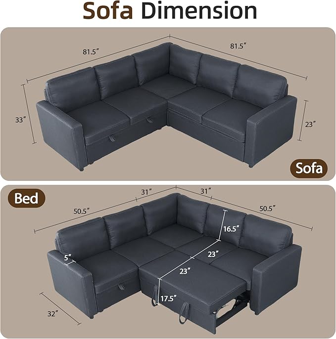 Sleeper Sofa Couch with Pull Out Bed L Shaped Couch Bed with Storage Sectional Sleep Couches Convertible Sleeper Sofa Beds W/Reversible Chaise&ampBack Cushion for Living Room Grey