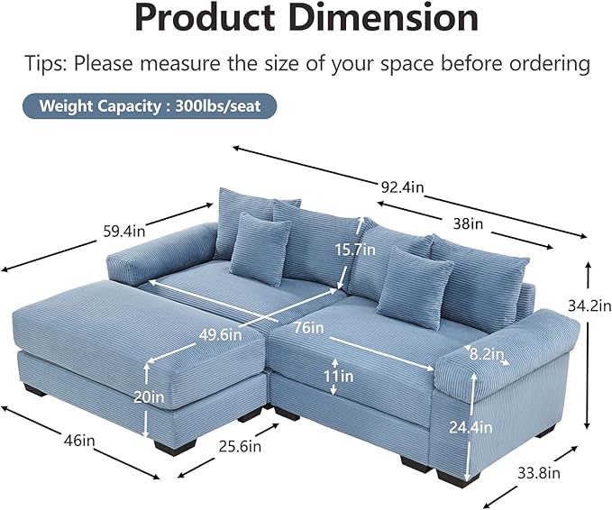 92.4 Oversized Modular Sectional Sofa Corduroy Large Sectional Couches for Living Room Love Seat Couches with 1 Movable Ottoman Modern Deep Seat Sofa Set L Shaped Blue