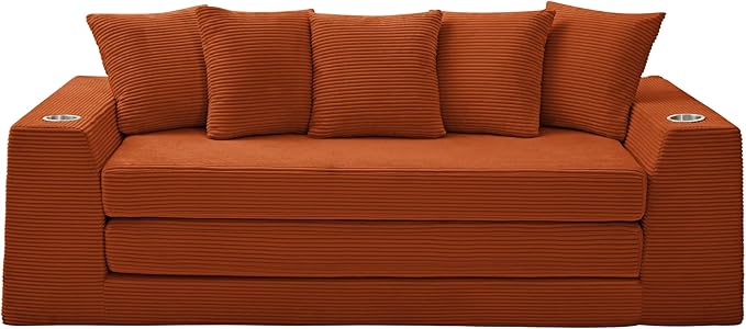 82'' Convertible Sofa Bed 2-in-1 Boneless Sleeper Sofa with Cup Holder &amp Pocket Corduroy Loveseat Sleeper Couch with 5 Pillows Pull Out Couch for Living Room Bedroom No Assembly (Orange)