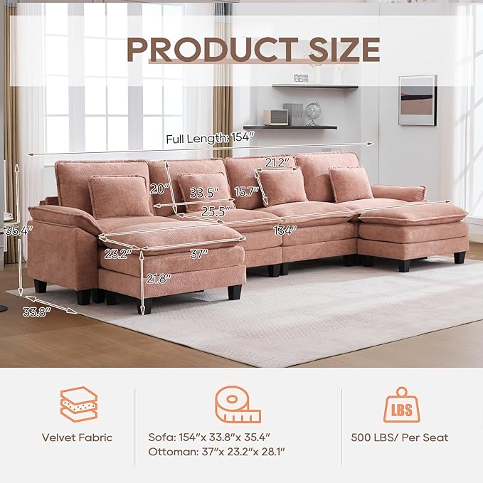 IPKIG 154 Modular Sectional Sofa Velvet U-Shaped Sectional Couch Comfy Upholstered Seat Sofa with Ottoman Deep Seat Cloud Couch Sofa for Living Room Pink | 2 Layer Cushion Cloud Couch Modular Se