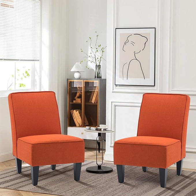 Yongqiang Upholstered Accent Chairs Set of 2 Armless Side Chairs for Living Room Bedroom Slipper Chair Orange Fabric