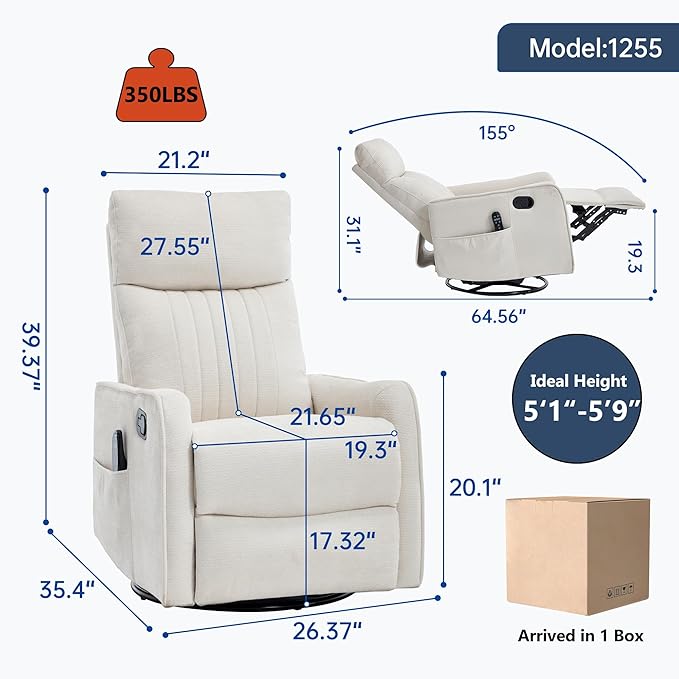 High Back Massage Recliner with Heat - Swivel Rocking Chair for Small Spaces Manual Lazy Boy Recliner for Adults Perfect for Living Room &amp Bedroom Soft Fabric (Beige)