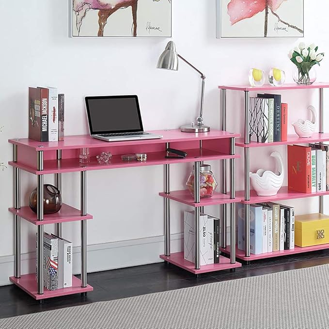 Convenience Concepts Designs2Go No Tools Student Desk 47.25 - Contemporary Office Dorm Room Desk and Vanity with Storage Shelves Pink