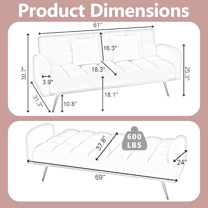 Comfy Futon Sofa Bed with 2 Pillows Pink Futon Couch Bed with Gold Legs Small Convertible Sofa Bed Couch for Living Room Modern Loveseat for Bedroom Curved Arms Plush Tufted-ShapedTeddy (Pink)