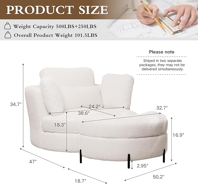 Chifee &amp Vingol Swivel Accent Chair with Ottoman 50.2 Round Swivel Chair Storage Ottoman &amp Pillows 360° Barrel Chair for Living Room Bedroom OfficeSherpaIvory