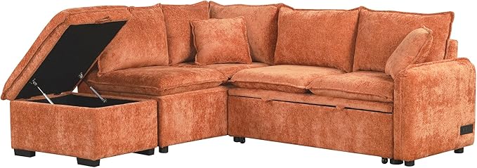 82.67 Convertible Sofa Bed Sectional Sofa Sleeper Chenille L-Shaped Sofa with Movable Storage Ottoman and 2 Pillows Pull-Out Sofa Bed Corner Couch for Living Room Office Apartment (Orange-CV)