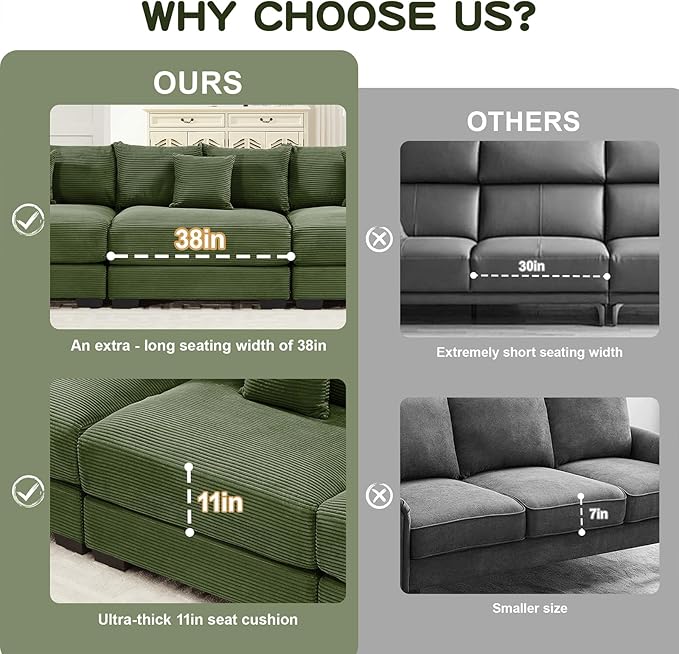 54 Corduroy Sectional Couches for Living Room Green Comfortable Oversized Sectional Sofa Set with Deep Seat Large Single Sofa Sofas para Sala Modern Corduroy Couch Set