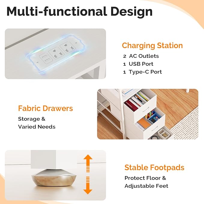 VINGLI 47 Inch L-Shaped Computer Desk Small Computer Gaming Desk with Fabric Drawers &amp Storage Shelves Charging Station Monitor Stand for Home Office White