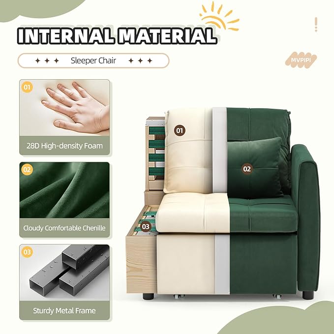 Convertible Sleeper Chair Bed for Adults Pull Out Chair Bed w/USB Port Foldable Table &amp Bottom Storage 4 in 1 Reclining Sleeper Sofa for Dorm/Bedroom Green