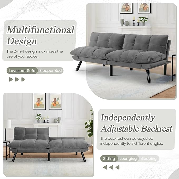Convertible Velvet Futon Sofa Bed Comfy 72 L Sleeper Couch with Thicker Cushion Upholstered Modern Reclining Loveseat Folding Sofa for Small Living Room Dorm Apartment Office Light Gray