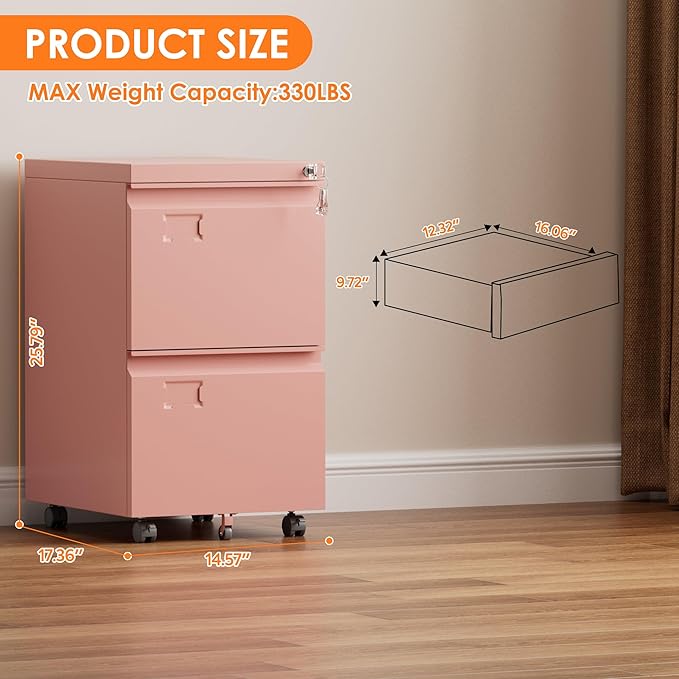 SUXXAN 2 Drawer Mobile File Cabinet with Lock Under Desk Metal Filing Cabinet for Office HomeVertical Cabinet Legal/Letter Size Need to Assembled (Pink)